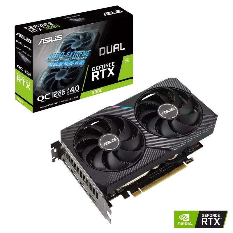 ASUS Dual GeForce RTX 3060 V2 OC Edition 12GB GDDR6 Graphic card, 1875MHz, 15Gbps, 192bit, PCIe 4.0 x16, 1x HDMI 2.1, 3x DisplayPort 1.4a, 2 year Warranty | 90YV0GB2-M0NA10